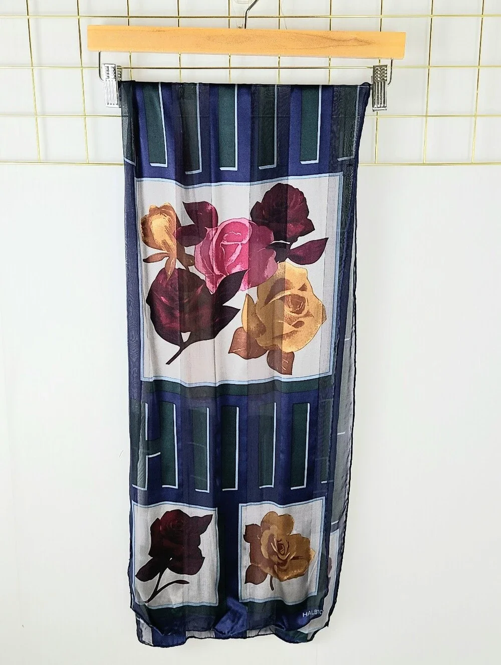 Halston Navy Burgundy Rose Floral Oblong Vintage Silk Scarf